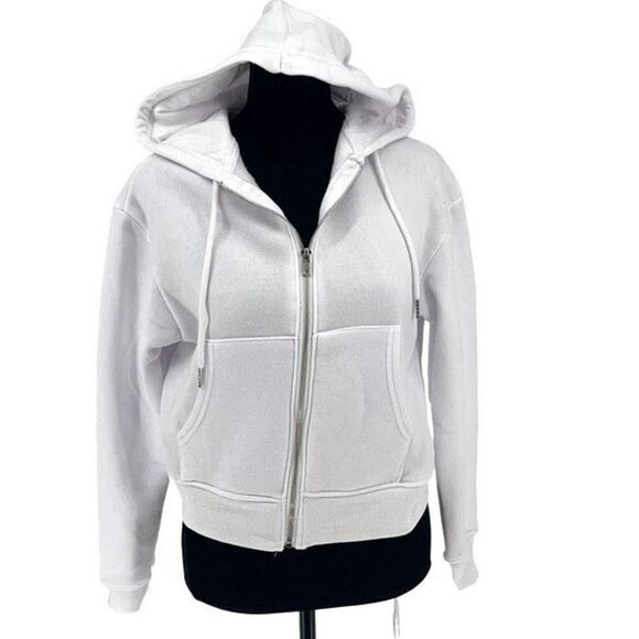 Womens Drawstring‎ Full Zip Up Cropped Hoodie Sweatshirt White Size Small - Picture 1 of 6